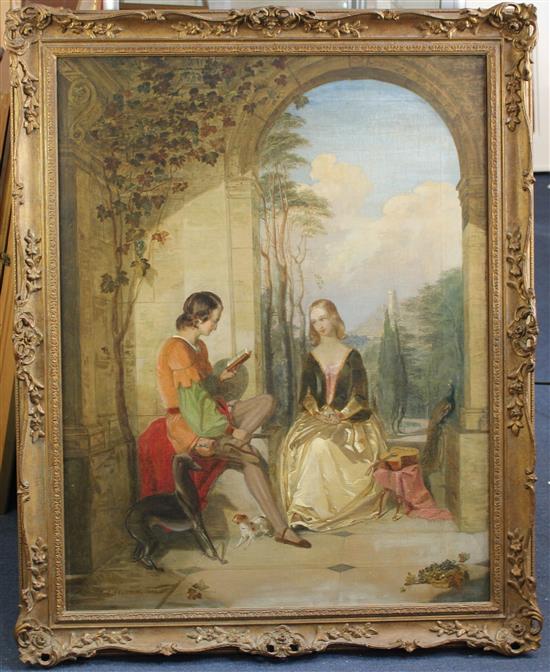 Samuel Baldwin (fl.1843-1858) Medieval lovers beside an archway, a landscape beyond, 36 x 28in.